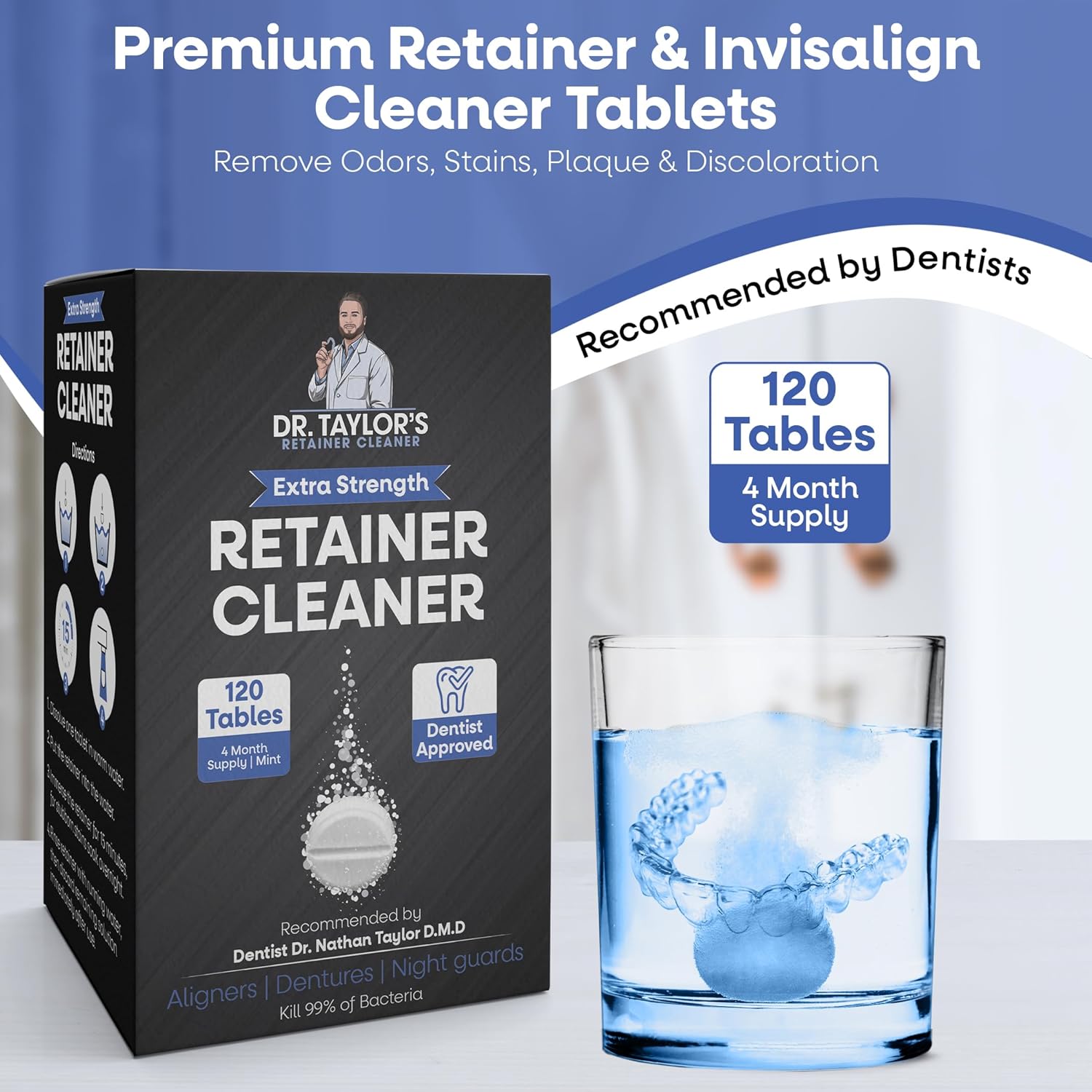 Dr. Taylor’s Retainer Cleaner Tablets 120 for Aligners & Dentures - Effectively Removes Stains, Plaque, and Odor - Mouth & Night Guards Cleaner with Refreshing Mint Flavor
