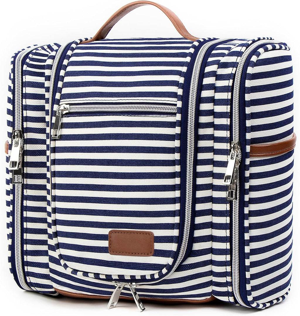 Pearl Angeli Hanging Toiletry Bag for Women, Large Makeup Cosmetic Bag, Water Resistant Toiletries Travel Essentials Organizer, Full-size Container, Navy-striped