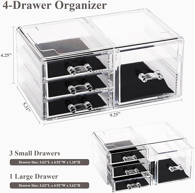 Sea Team Clear Makeup Organizer with Drawers, Acrylic Plastic Cosmetic Display Case, Jewelry Storage Box, Holder for Dresser, Bathroom, Vanity, Countertop (1 Large, 3 Small Drawers)