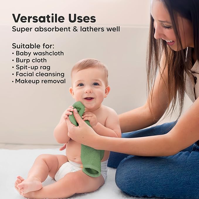 6-Pack Baby Washcloths - Soft Absorbent Viscose from Bamboo Wash Cloths for Babies, Kids, Toddlers, Infant, Newborn Bath Towels, Gentle on Sensitive Skin, 10x10 Reusable Face Towels (Verde)