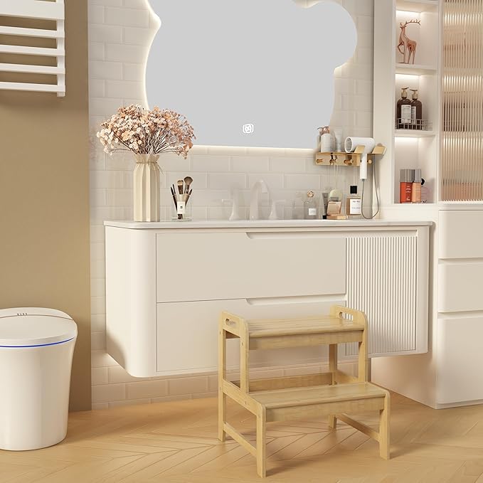 Step Stool for Kids Bamboo Toddler Two Steps Stool with Anti-Slip and Handles Stairs 300 lbs Capacity for Bathroom Kitchen Bedroom(Natural)