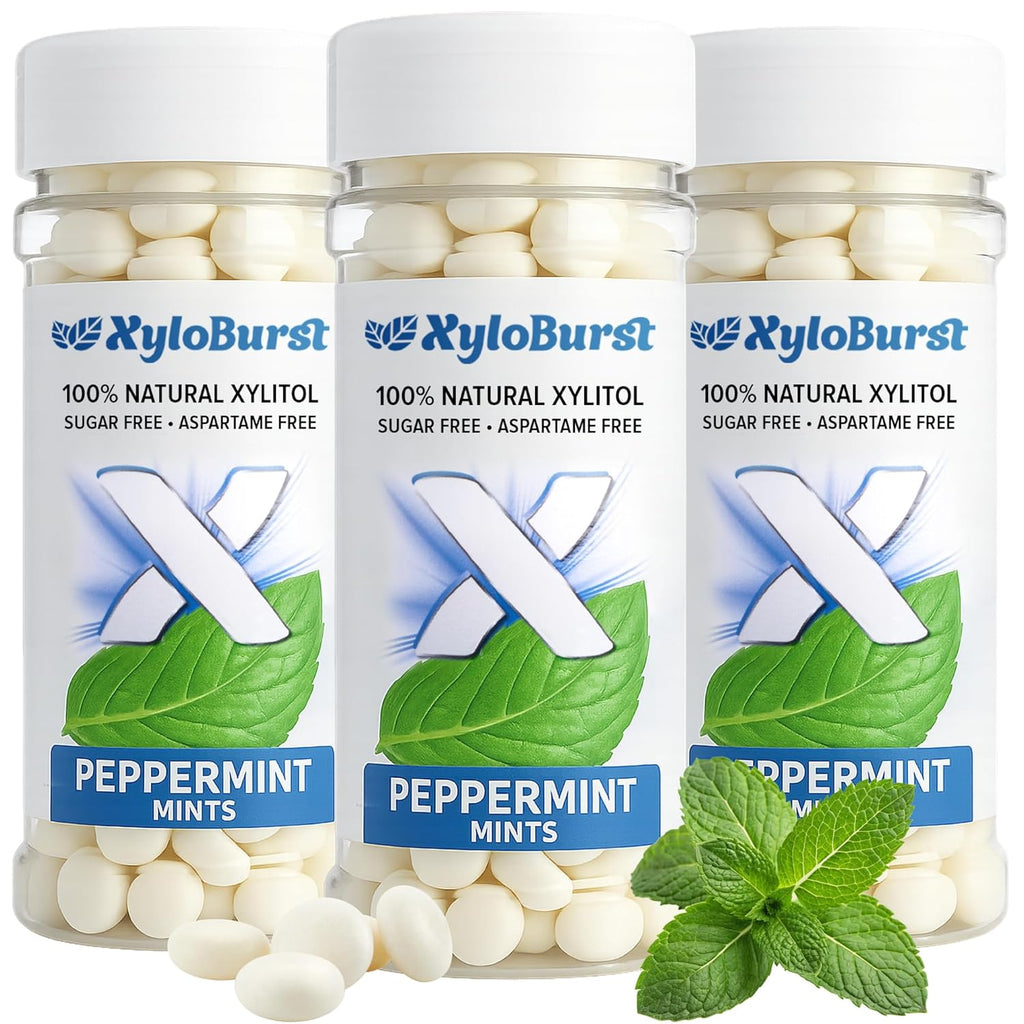 XyloBurst - Xylitol Mints | Sugar Free Breath Mints for Oral Health | Gluten Free, Vegan, Keto Friendly | Aspartame Free Mint | Peppermint | 200 Count Jar, 3-Pack