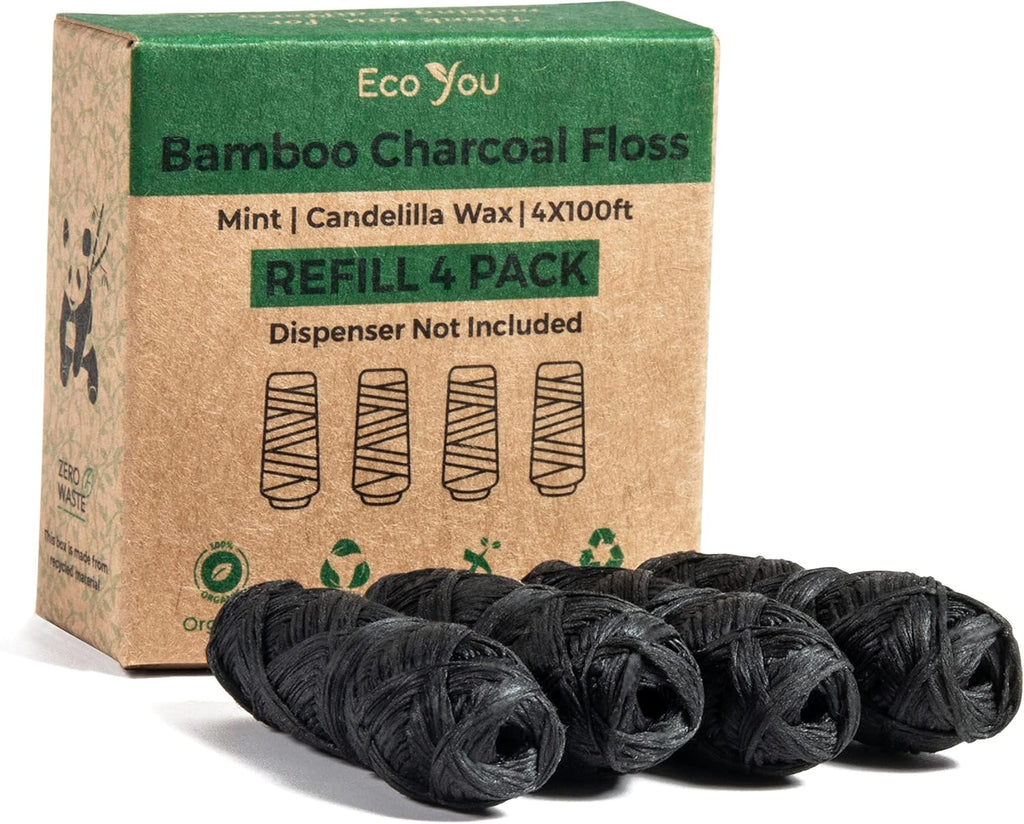 Bamboo Charcoal Dental Floss | Mint & Candelilla Wax | Vegan & Biodegradable (4 Refills Pack) | Pfas Free