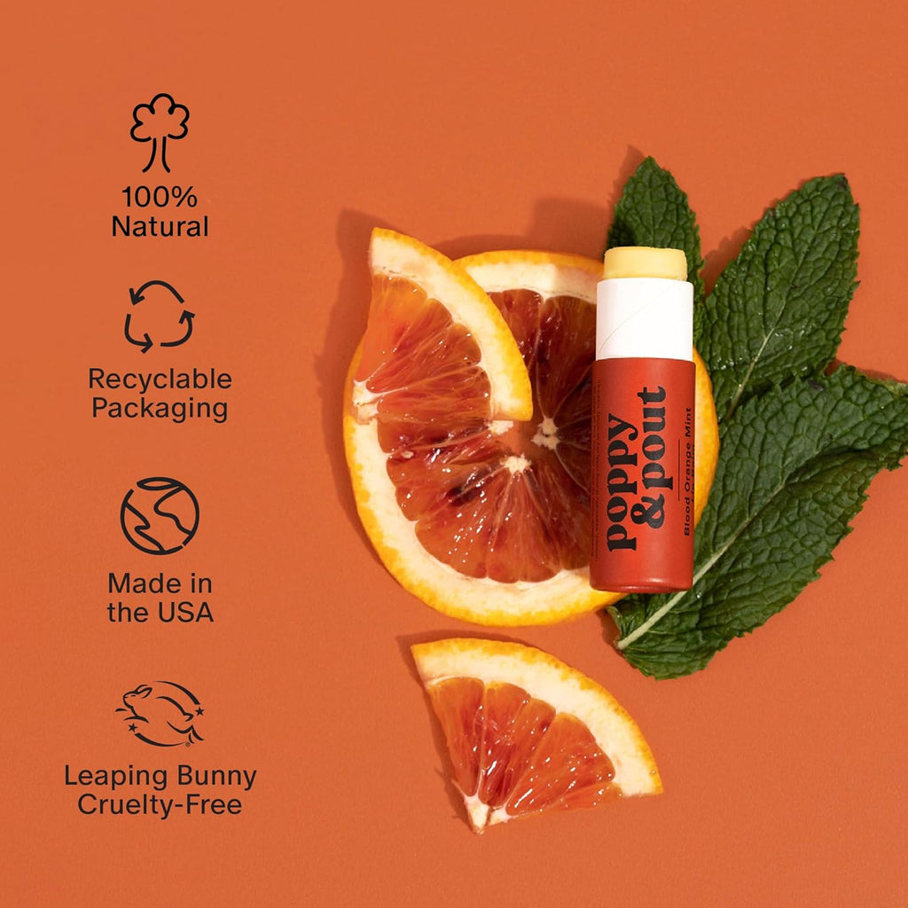 Poppy & Pout Lip Care Set | Lip Balm & Scrub | Sustainable Cardboard Tubes & Glass Jars, All Natural, Beeswax, Coconut Oil, Cruelty Free, Exfoliating & Moisturizing Lip Treatment (Blood Orange Mint)