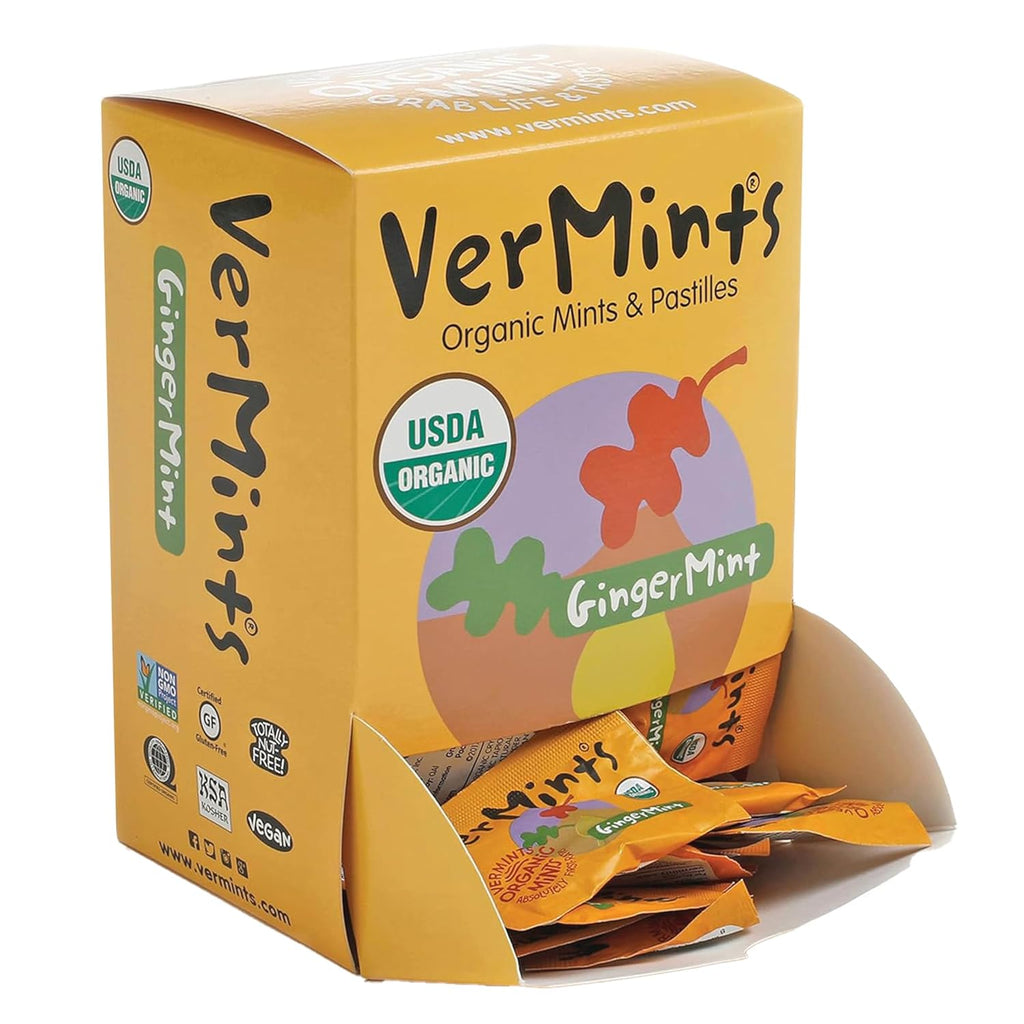 VerMints Organic Breath Mints GingerMints – Real Ginger Flavored Candies - Individually Wrapped Travel Size - Non-GMO, Nut Free, Gluten Free, Vegan, Kosher & Organic Candy Mints - 100 Packets