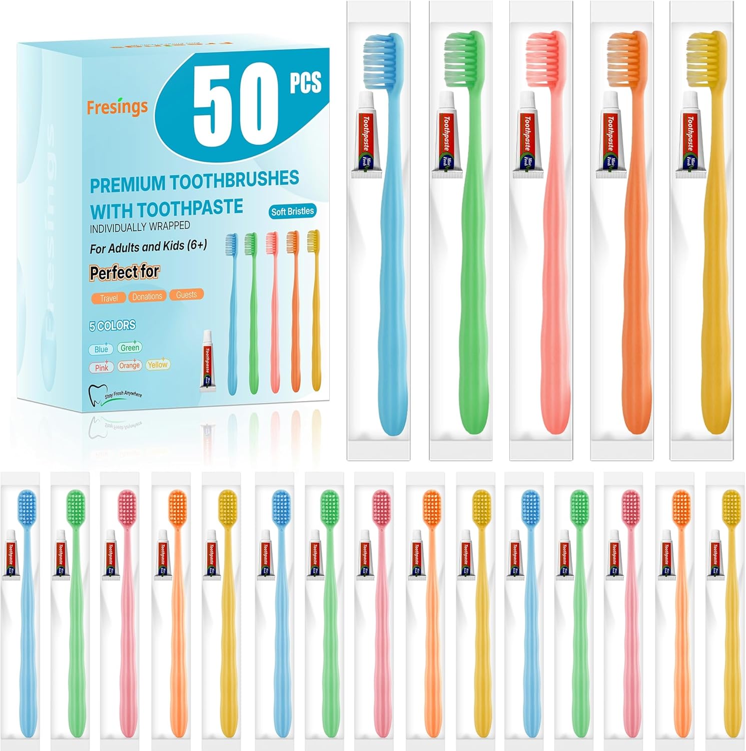 50 Pack Disposable Toothbrushes with Toothpaste, Individually Wrapped Soft Bristle Travel Toothbrush Bulk, Hotel Guest Amenities, Mint 3g Toothpaste Set for Camping, Donation & Oral Care Kit