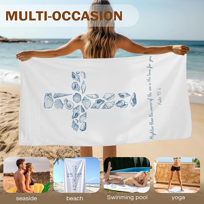 Blue Seashell Cross Christian Beach Towel, Seashell Cross Pool Towels, Christian Bible Coastal Large Beach Bath Travel Towels for Bathroom Swimming Camping, Nautical Bathroom Decor, 30x60in