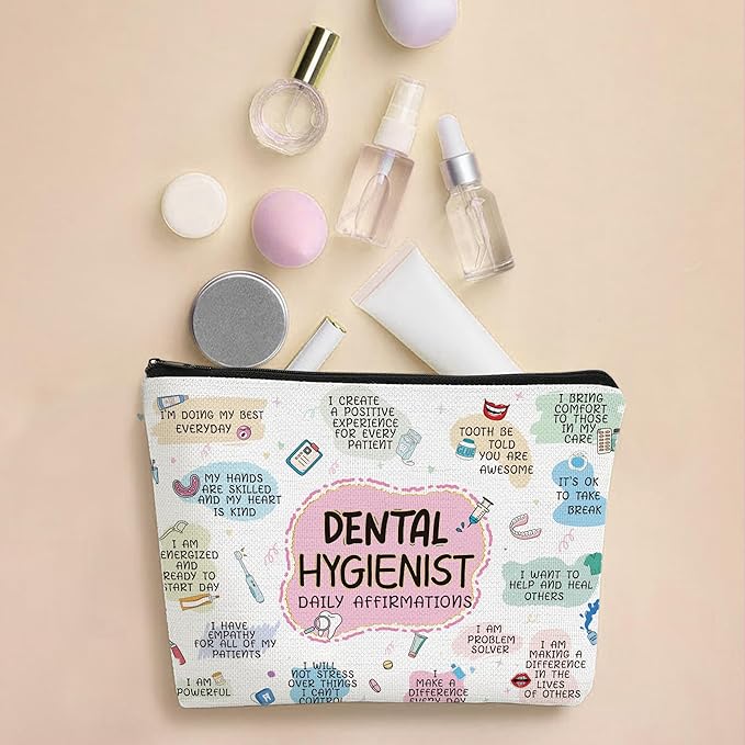 Dental Hygienist Gifts Makeup Bag for Women, Fun Cosmetic Pouch for Dental Assistant, Daily Affirmations Toiletry Bag, Lightweight Zipper Organizer for Work, Travel, Appreciation, Birthday