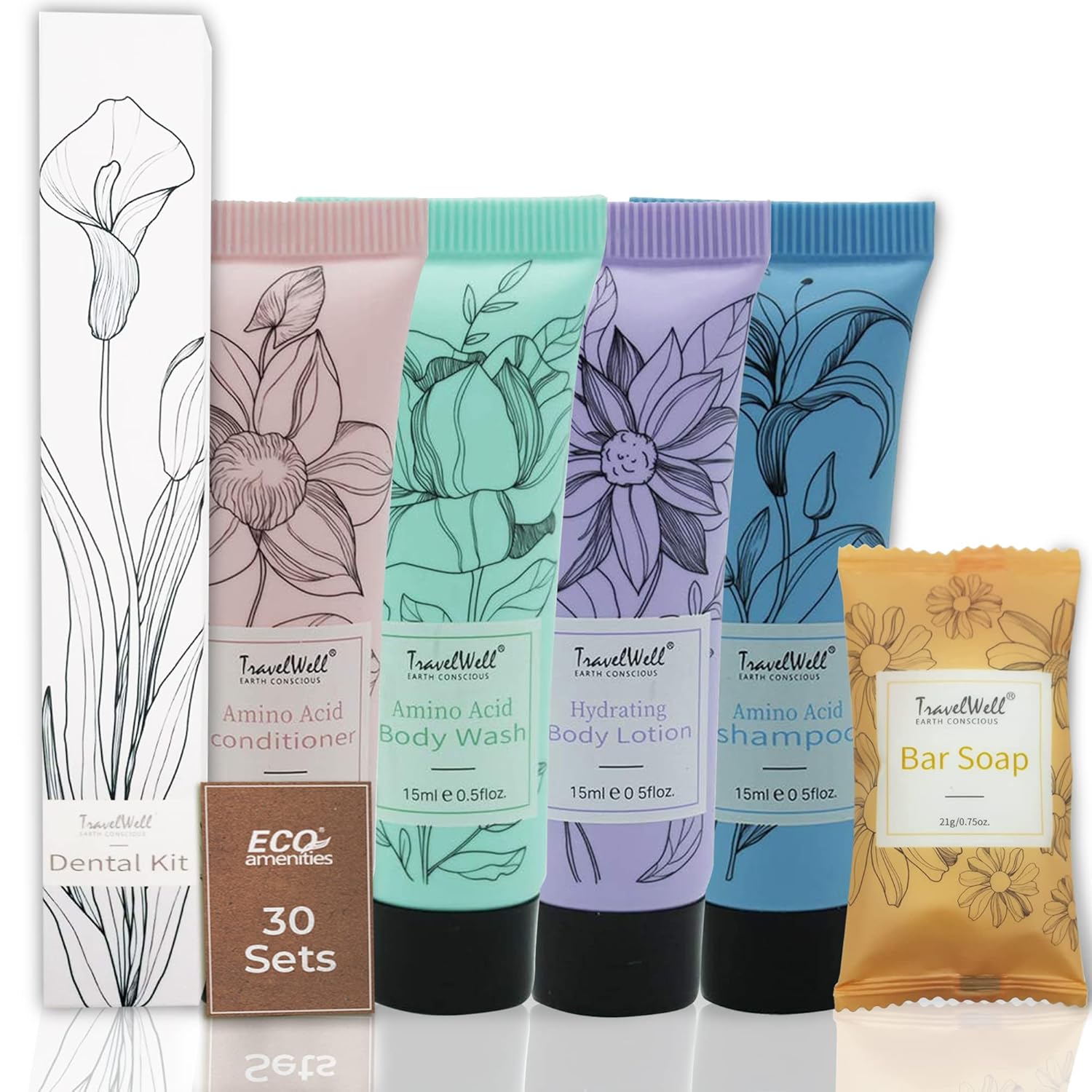 Travel Well Hotel Toiletry Kit Bulk - Individually Wrapped Guest Bathroom Essentials - Shampoo Conditioner Set & Travel Toiletries - Soap Bars & Dental Kits - 180-Piece Set, Mint Scent