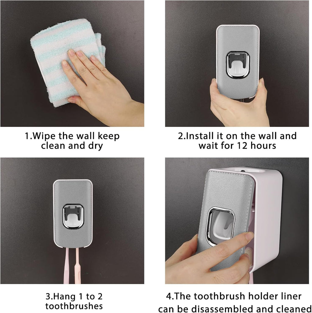 2 Slot Plastic Toothbrush Holder and Toothpaste Dispenser Wall Mounted, Automatic Toothpaste Squeezer, 2 in 1 Tooth Brush Toothpaste Organizer for Shower (Grey)