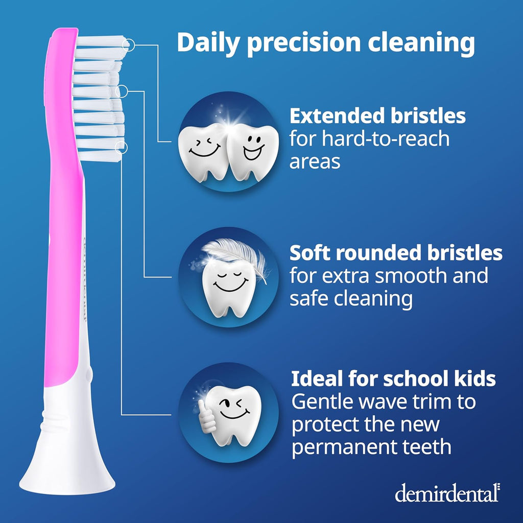 demirdental Kids Toothbrush Heads Compatible with Philips Sonicare Kids Toothbrush Heads - Replacement Heads Sensitive - Brush Heads from Ages 7 to 10 - Magenta - Replaces HX6048-8 Pack