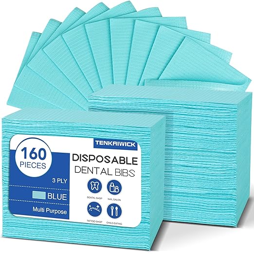 160 Pack Disposable Dental Bibs 13"x18", 3-Ply Waterproof Tattoo Bibs Sheet for Nail Salon, Dental Clinic, Feeding, Tattoo Shop (Blue)