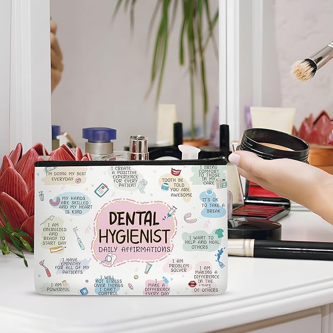 Dental Hygienist Gifts Makeup Bag for Women, Fun Cosmetic Pouch for Dental Assistant, Daily Affirmations Toiletry Bag, Lightweight Zipper Organizer for Work, Travel, Appreciation, Birthday