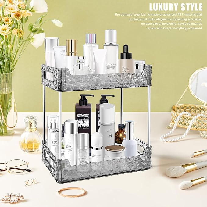 2-Tier Bathroom Counter Organizer Countertop Storage, Dresser Organizer Vanity Tray for Makeup, Perfume Organizer Cosmetics Skincare Shelf - Grey