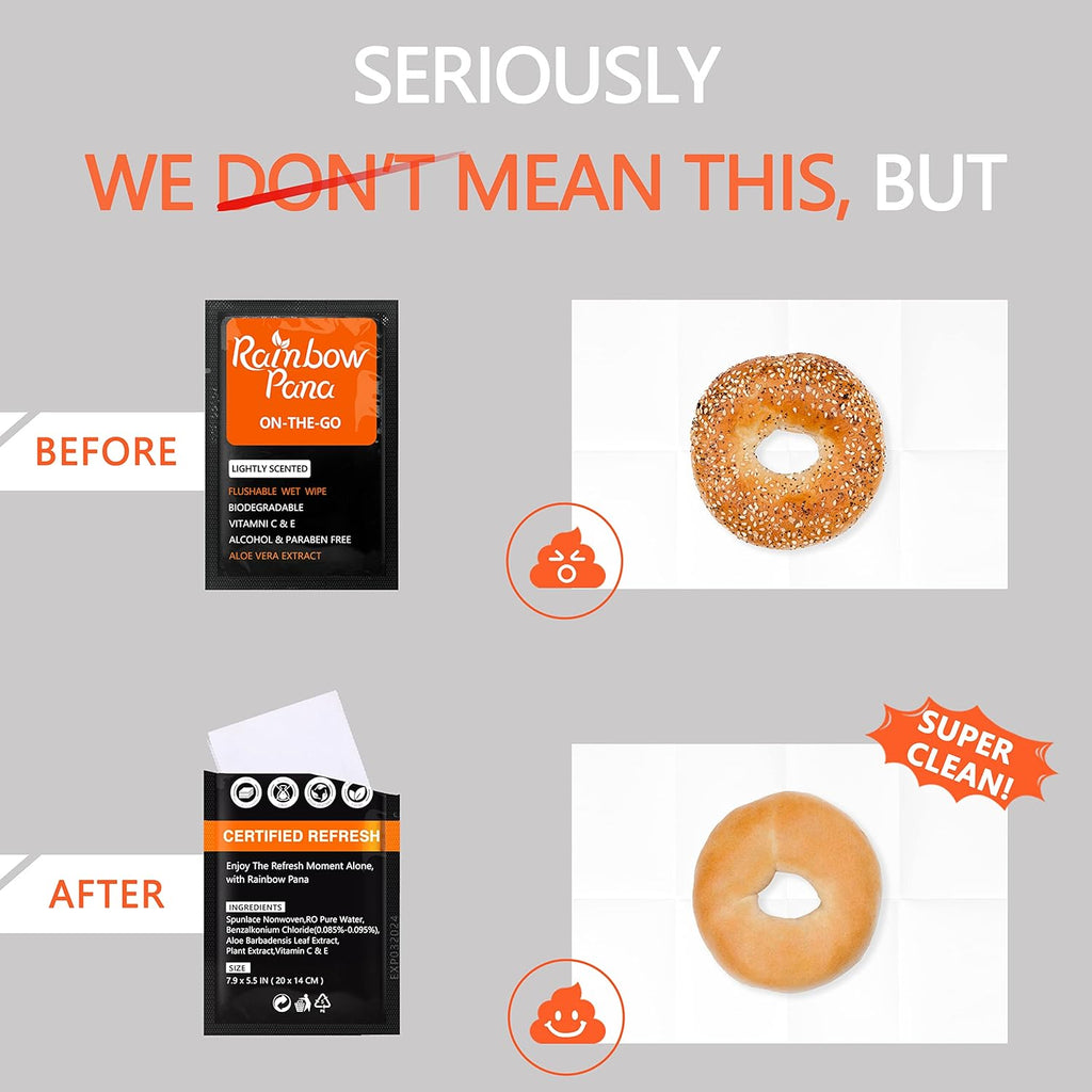 RainbowPana 120 Count Flushable Wipes for Men: ON-THE-GO, Individually Wrapped | Butt Wipes, Travel Wipes | Lightly Scented - Vitamin C, E, Aloe, Plant Extract | Hypoallergenic, Sensitive Skin