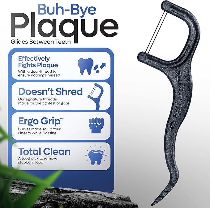 SmartLifeco Eco-Friendly Dual-Thread Dental Floss Picks (100ct) - Flossers Made with Straw Wheat Blend, Natural Teeth Whitening, Tooth Pick Stick for Adults, Activated Bamboo Charcoal Floss Thread