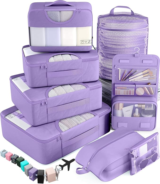 Veken 8 Set Packing Cubes for Travel Essentials, Suitcase Organizer Bags in 4 Sizes, Carry-On Luggage Accessories with Large Laundry & Hanging Toiletry Bag, Must-Have for Airplane, Road Trip & Camping