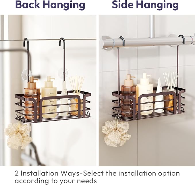 SWTYMIKI Shower Caddy Hanging Organizer - Over the Door Shower Caddy with 6 Hooks, 2 Installation Ways, Stainless Steel Rustproof Bathroom Organizer, Bronze