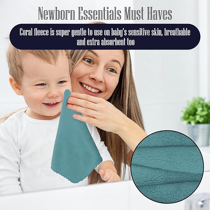 16 Pack Baby Washcloths - Luxury Coral Fleece - Extra Absorbent and Soft Wash Clothes for Newborns, Infants and Toddlers - Suitable for Sensitive Skin and New Born - Baby Shower - Teal, 10x10 Inch