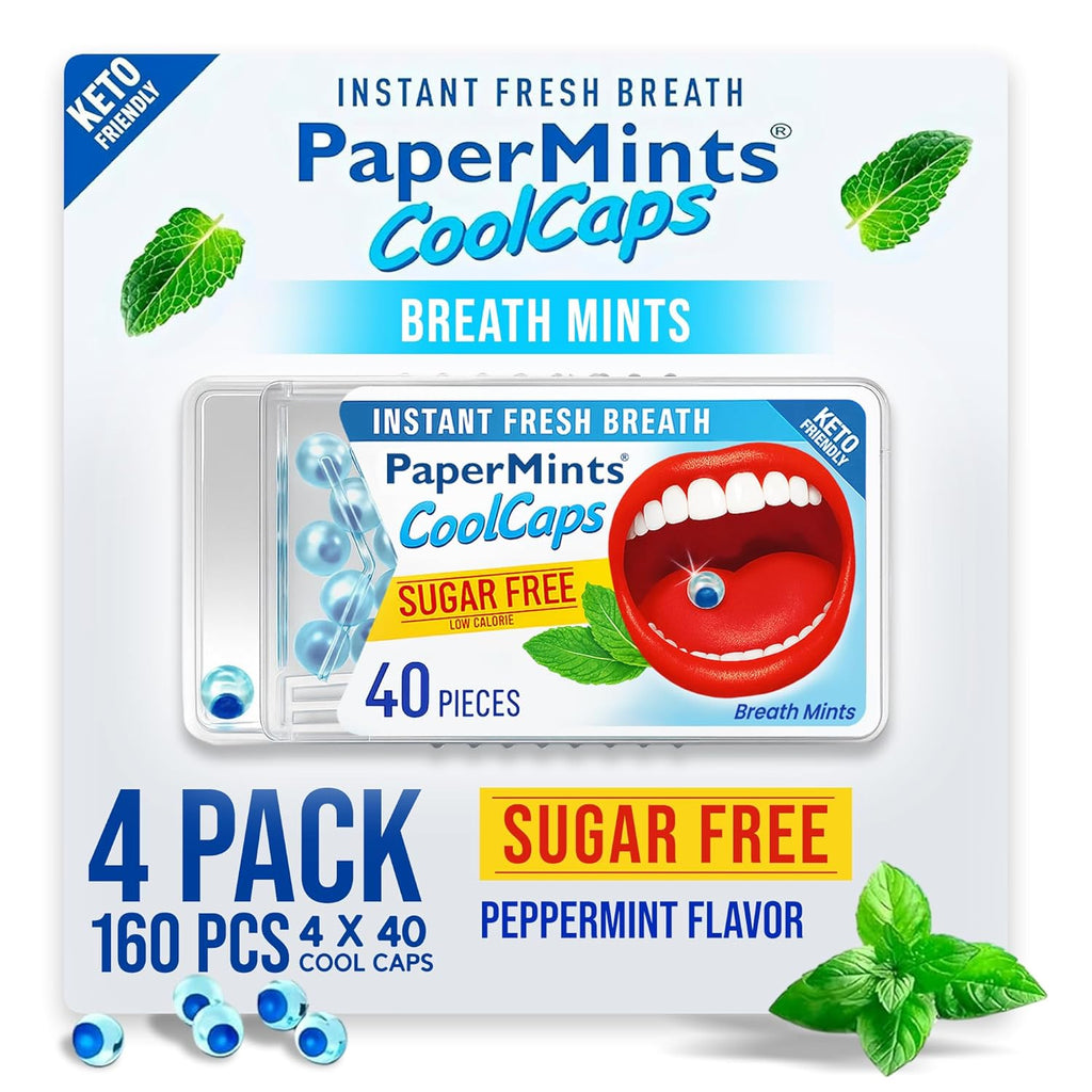 PaperMints CoolCaps - Instant Fresh Breath Mints Sugar-Free 4 Pack - 160 capsules. Chronic Bad Breath Treatment for Adults, Peppermint Fresh Breath Freshener Pearls Halitosis Treatment Dry Mouth