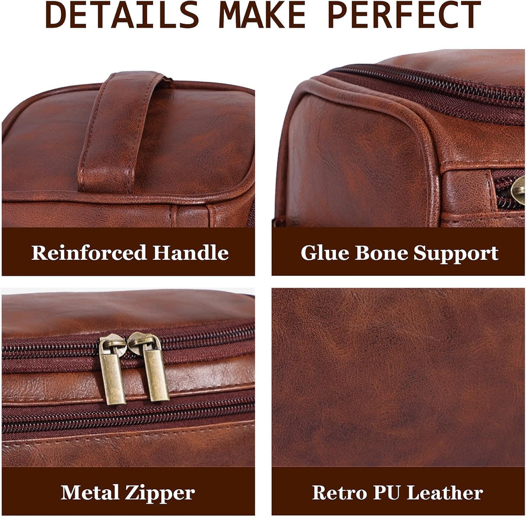 Toiletry Bag for Men, Hanging Travel Shaving Dopp Kit for Men and Women, Water-resistant Toiletries Organizer Bags, PU Leather Cosmetic Bags for Makeup Accessories (Dark Brown)