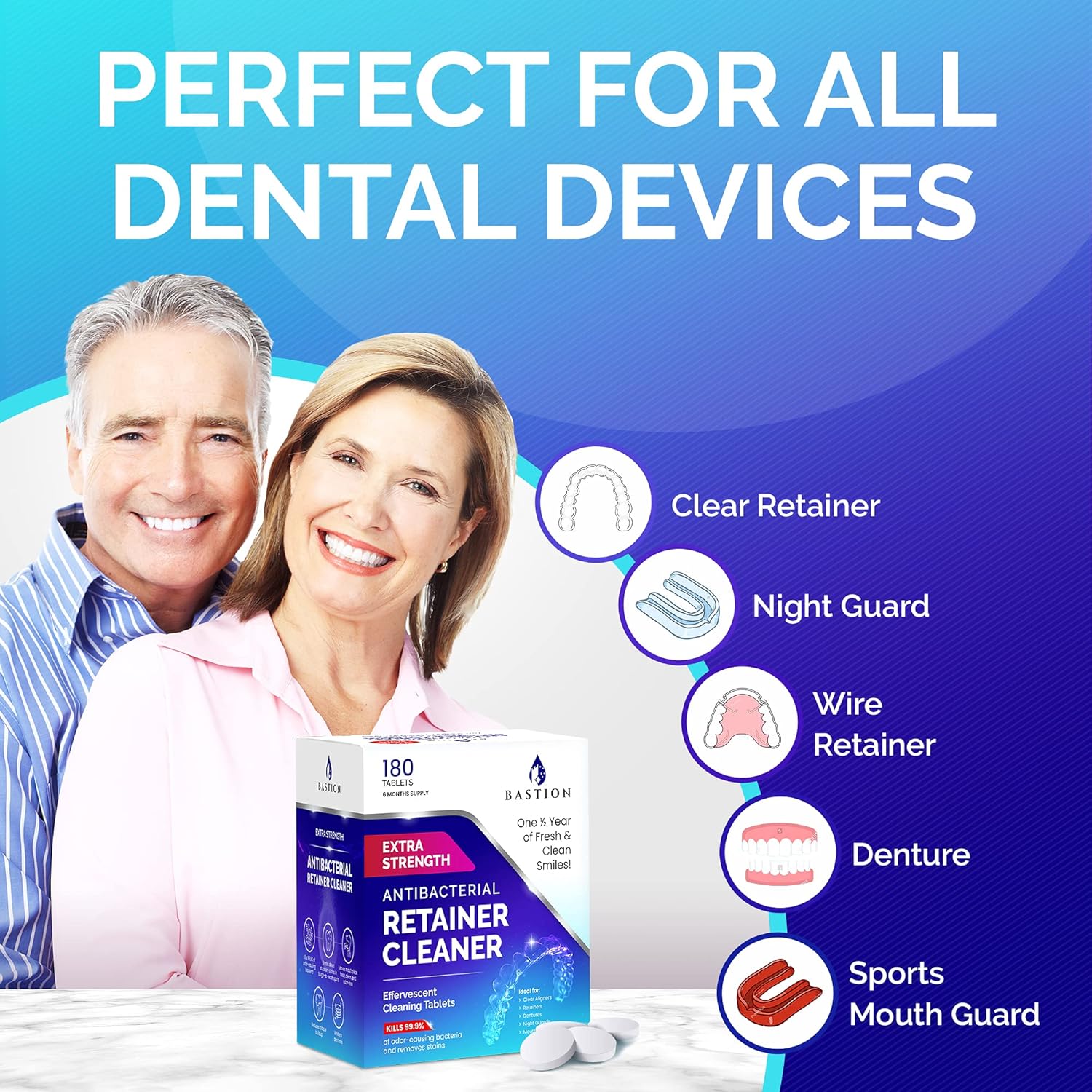Retainer Cleaner & Denture Cleanser - 180 Effervescent Tablets 6 Month Supply Removes Stains, Discoloration, Odors, Plaque Clear Aligners, Mouth Night Guard, All Dental/Oral Appliances