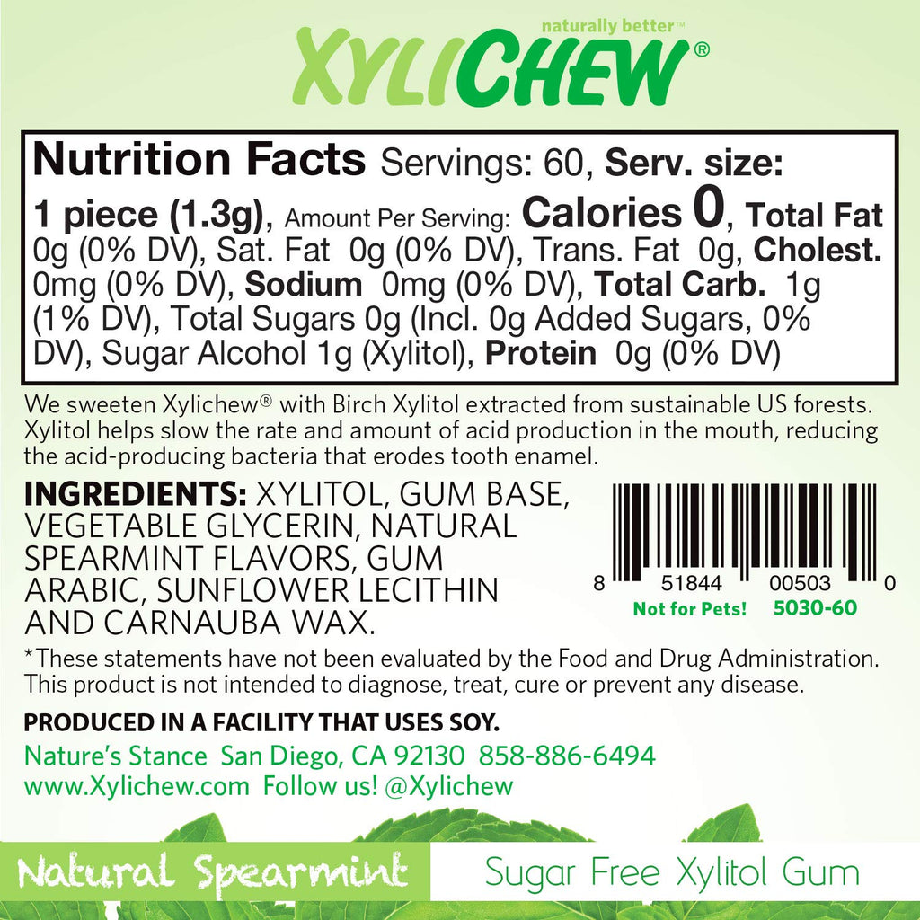 Xylichew 100% Xylitol Chewing Gum - Non GMO, Non Aspartame, Gluten Free, and Sugar Free Gum - Natural Oral Care, Relieves Bad Breath and Dry Mouth - Spearmint, 60 Count