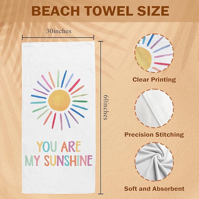 Boho Sunshine Kids Beach Towel, Boho Colorful Sunshine Pool Towels, You are MySunshine Large Beach Bath Travel Towels for Girls Boys Kids, Sun Bathroom Nursery Accessories Decor,30x60in