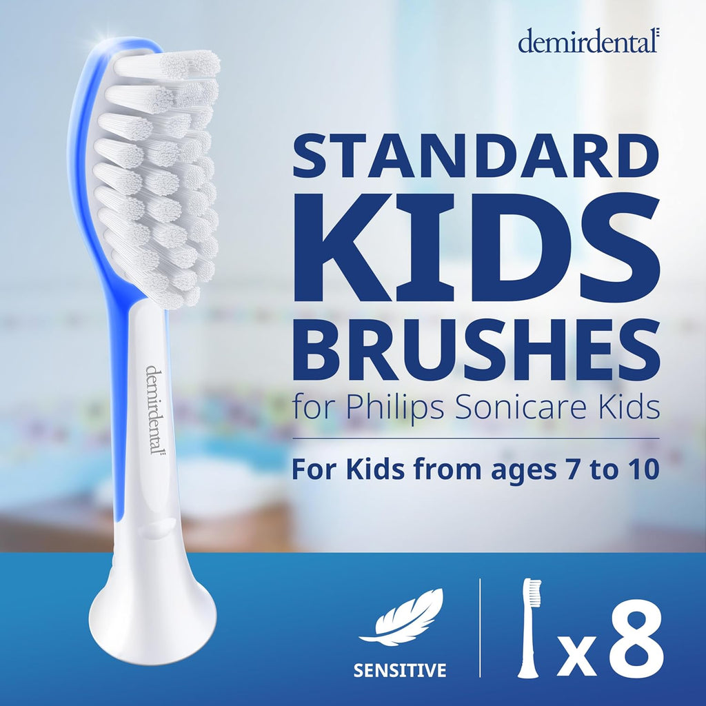 demirdental Kids Toothbrush Heads Compatible with Philips Sonicare Kids Toothbrush Heads - Replacement Heads Sensitive - Brush Heads from Ages 7 to 10 - Dark Blue - Replaces HX6048-8 Pack