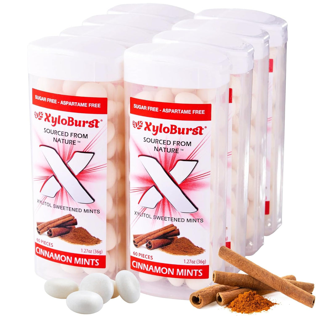 XyloBurst - Xylitol Mints | Sugar Free Breath Mints for Oral Health | Gluten Free, Vegan, Keto Friendly | Aspartame Free| Cinnamon | 60 Count Jar, 8-Pack