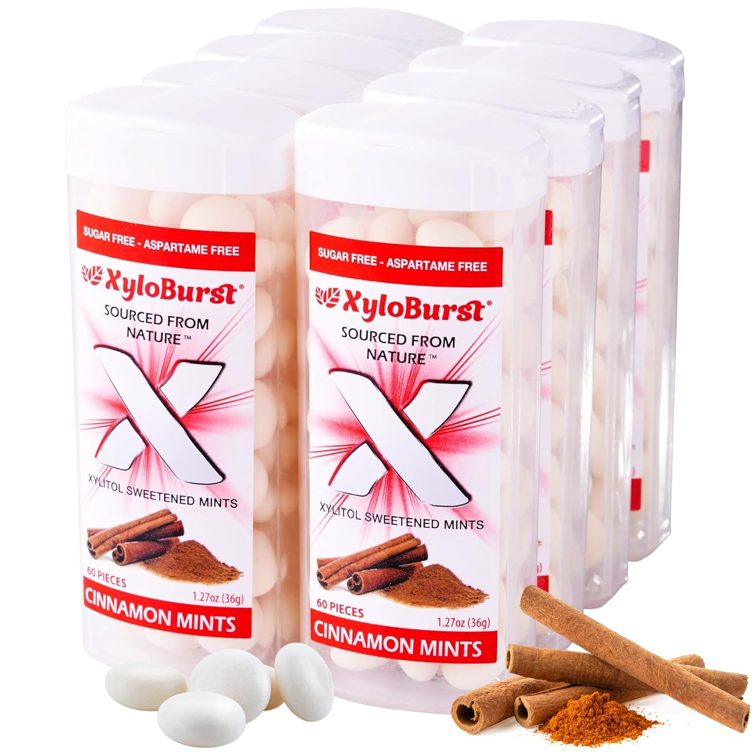 XyloBurst - Xylitol Mints | Sugar Free Breath Mints for Oral Health | Gluten Free, Vegan, Keto Friendly | Aspartame Free| Cinnamon | 60 Count Jar, 8-Pack