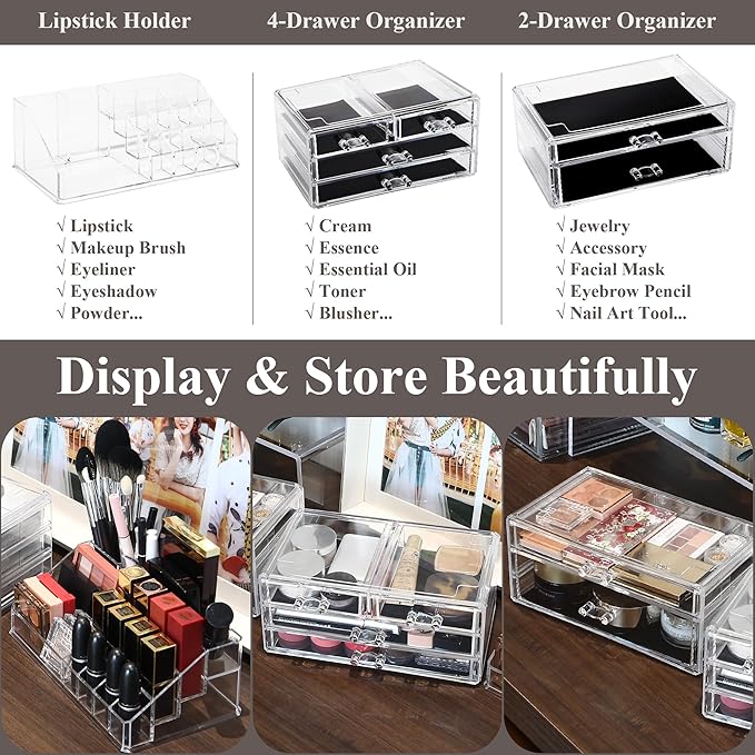 Sea Team 3-Layer Stackable Clear Makeup Organizer with Drawers, Acrylic Plastic Cosmetic Display Case, Jewelry Storage Box for Dresser, Bathroom, Vanity, Countertop (6 Drawers, 1 Lipstick Holder)