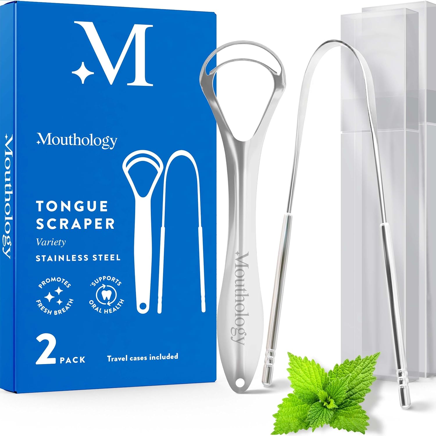 Mouthology Tongue Scraper (2 Pack), Reduce Bad Breath (Travel Cases Included), Stainless Steel Tongue Cleaners, Metal Tongue Scraper, Tongue Scraper for Adults - Fresher Breath in Seconds