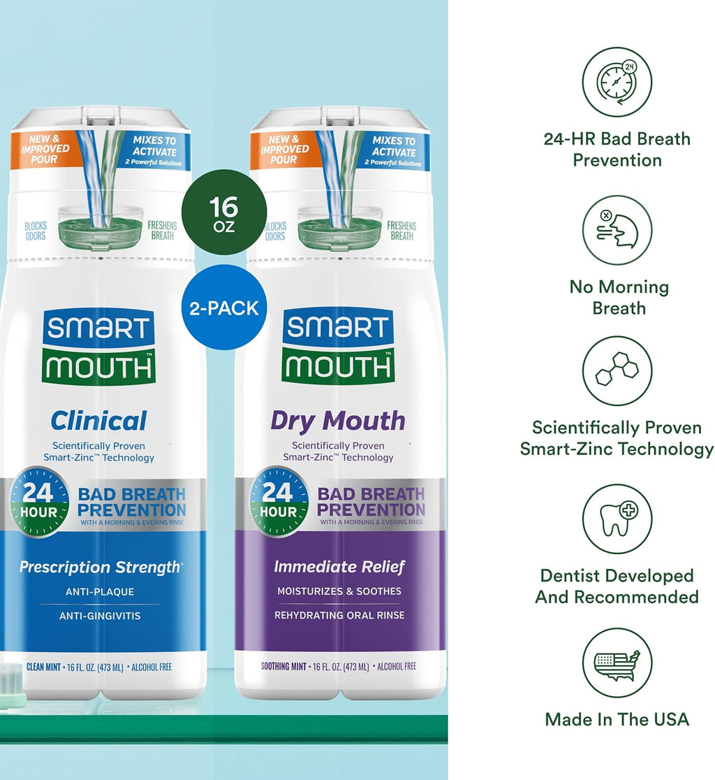 SmartMouth Dry Mouth & Clinical Activated Mouthwash - Dry Mouth Relief & Gum Protection - Bad Breath Prevention Mouthwash, 16 fl oz Each
