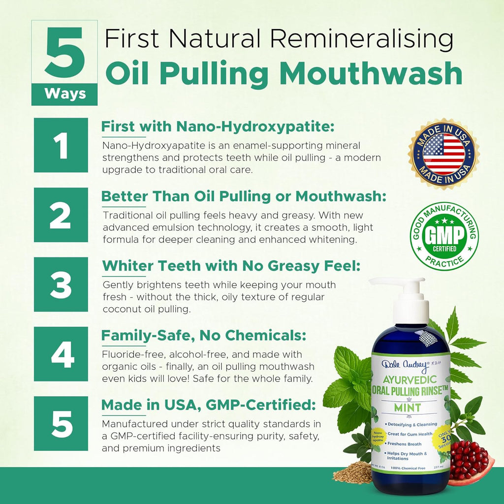 Dale Audrey Ayurvedic Nano Hydroxyapatite Oil Pulling for Teeth and Gum | Refreshing Cinnamon and Mint Flavored Organic Mouthwash Oral Rinse | Teeth Whitening Mouthwash for Fresh Breath (Mint, 8 oz)