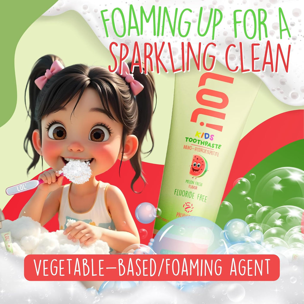 LOL Kids Toothpaste | Fluoride Free 2-Flavors Pack | Nano Hydroxyapatite Toothpaste, Probiotics, Vitamins A, C, E | Safe if Swallowed, No SLS | 1 Strawberry, 1 Melon Flavor,