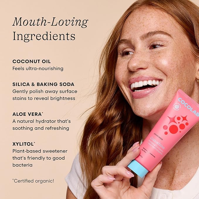 COCOLAB Cocoshine Whitening Toothpaste, Lychee Breeze Flavor, Dentist-Designed Oral Care with nHA, Non-Fluoride, Vegan, Recyclable Tube, Coconut-Oil Infused, 4 oz