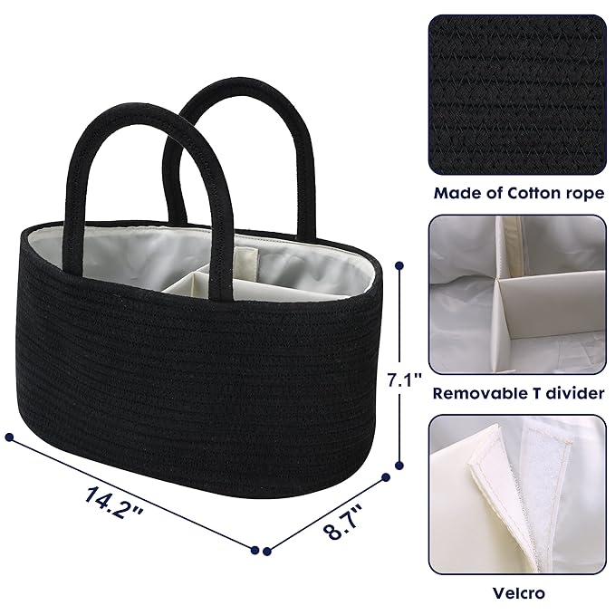 Baby Diaper Caddy Organizer for Girl Boy Cotton Rope Nursery Storage Bin Basket Portable Holder Tote Bag for Changing Table Car Travel Baby Shower Gifts Newborn Essentials Registry Must Haves Black