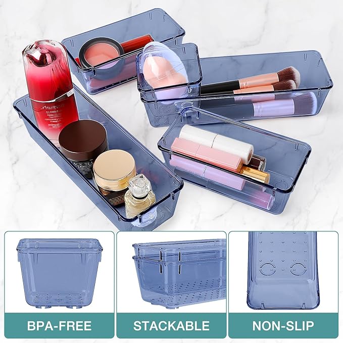 13 PCS Drawer Organizer Set, 5 Varied Size Bathroom and kitchen Drawer cabinet organizer Trays, Clear Storage Bins for Makeup, Jewelry, Utensils and Gadgets, Dark Blue