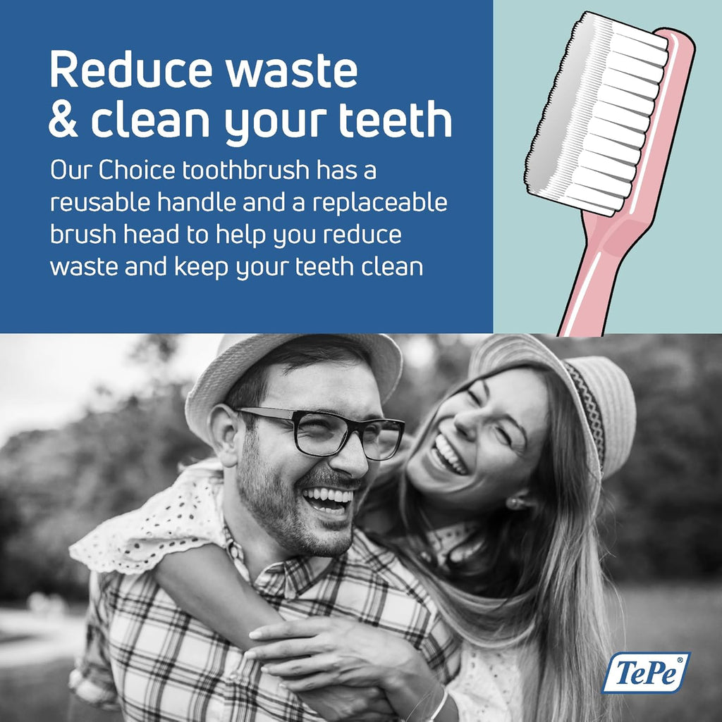 TePe Choice Toothbrush, Soft, Pink, 1pc Wooden Handle 3pcs Brush Heads, Soft Bristle Toothbrush, Good for Teeth Cleaning and Plaque Removal