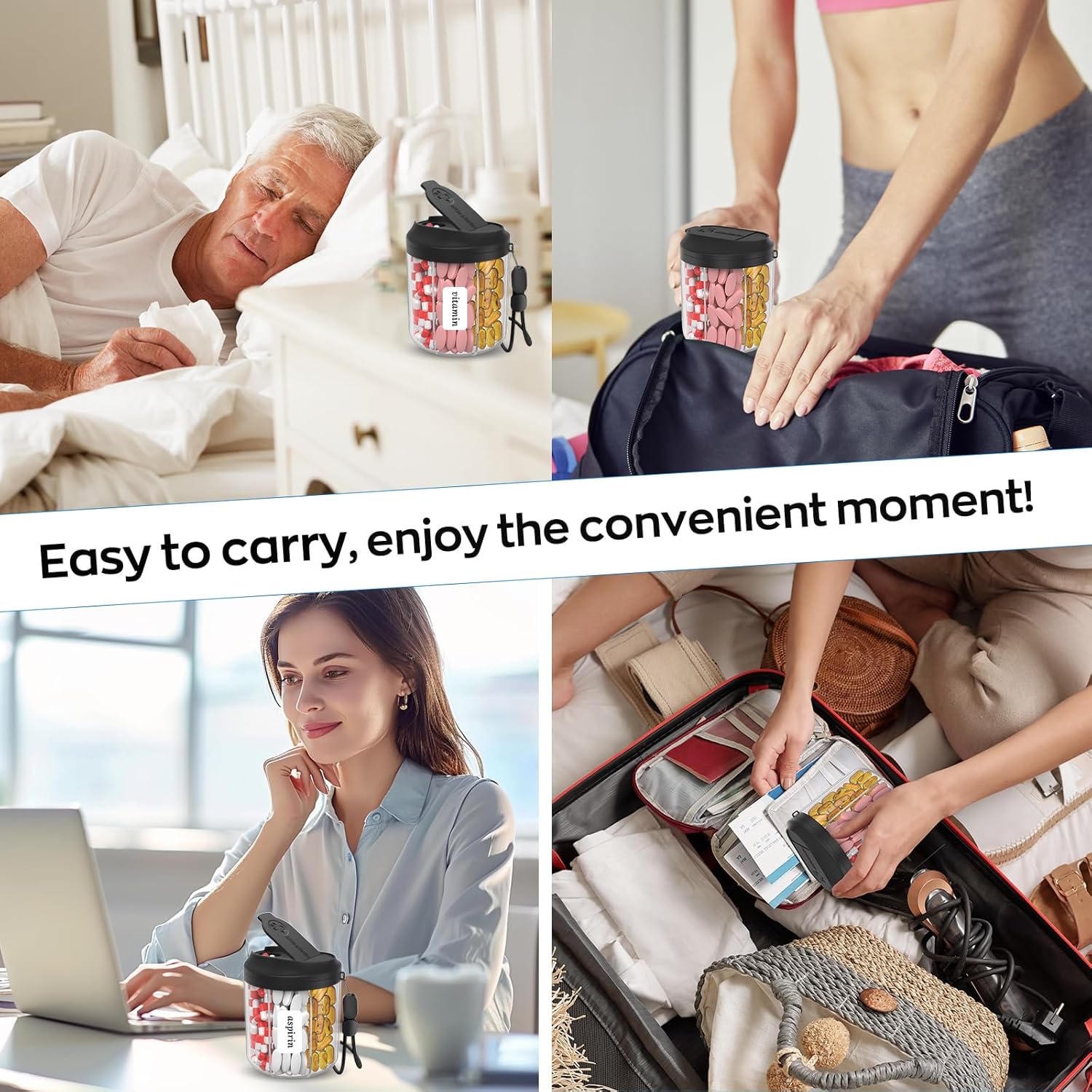 Pill Dispenser with 7 Large Compartments, Pill Organizer for Travel, Supplement Organizer with Anti-Mixing Design, BPA-Free Pill Container with 20 Pcs Labels, Black+ Pink