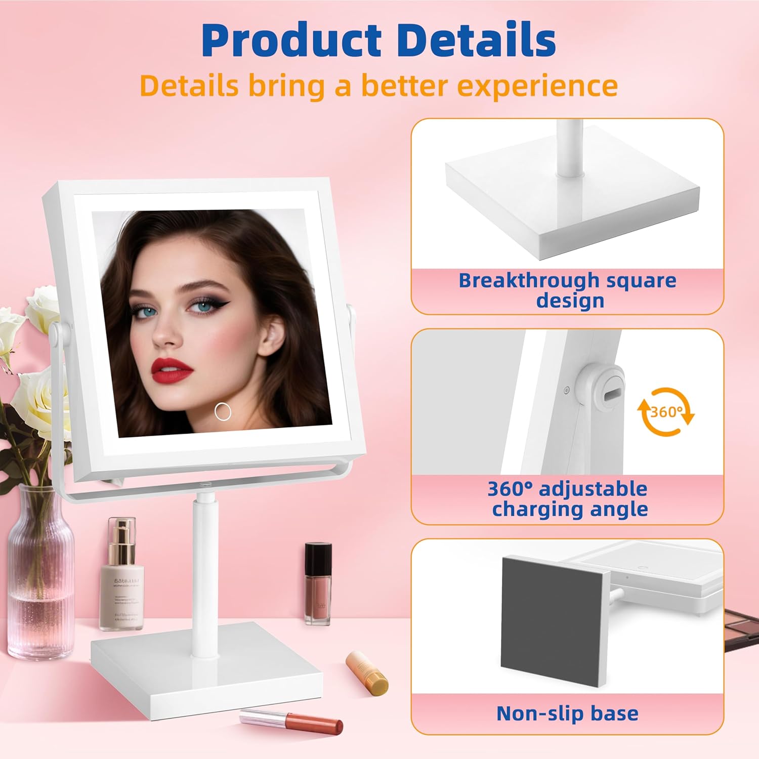 Ruacq Rechargeable Makeup Mirror, 4000mAh Lighted Makeup Mirror with Magnification 1X/10X, Height Adjustable Vanity Mirror with Lights, 3 Color Lights, Adjustable Brightness, 360°Rotation (White)