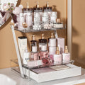 Z-Shaped Bathroom Countertop Organizer – 2-Tier Vanity Organizer with Sliding Tray & Drawer for Skincare, Makeup & Perfume – Acrylic Storage for Dresser, Office or Desk