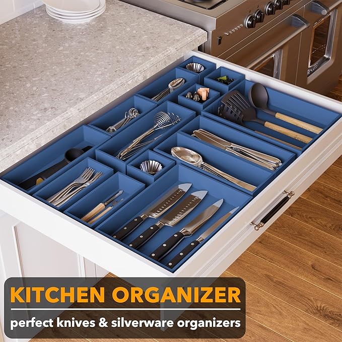 SpaceAid 14-Piece Bamboo Drawer Organizer Storage Boxes Set, Wood Tray Junk Drawer Organizers Multi-Use Divider Bins for Kitchen, Bathroom, Office Desk and Makeup Organization (14 Pack, Navy Blue)