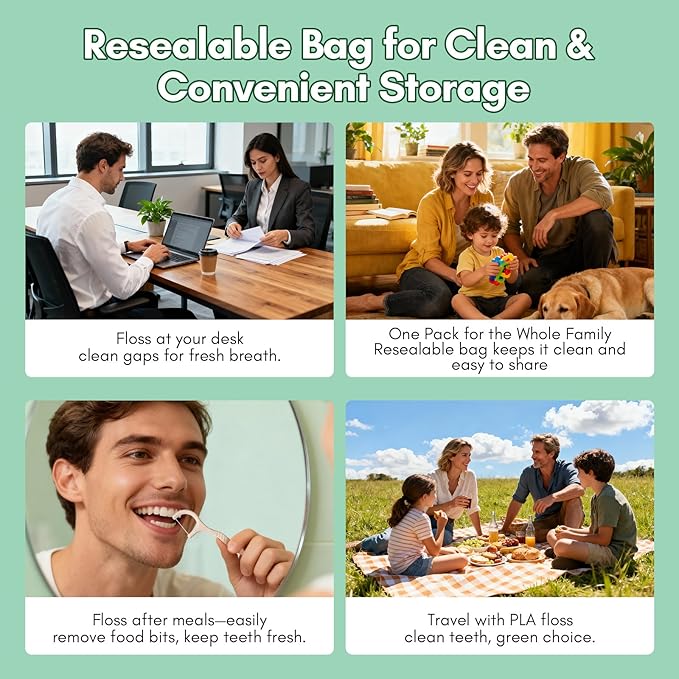 FAMILIFE Eco-Friendly Floss Picks (200Pcs) - Plant Based Dental Floss Picks with Strong Toughness, Natural Tooth Picks Flossers for Adults Daily Oral Cleaning & Gentle Gum Care, Mint Flavor