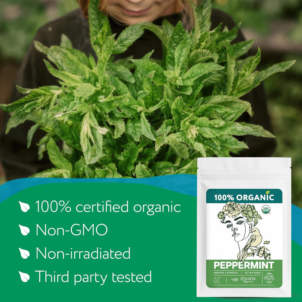 Peppermint Tea Organic (40 Tea Bags) - Hot Tea for Energy, Digestion, Nausea, Motion Sickness, Respiratory Support, Stress Relief - Te de Menta Organico Natural