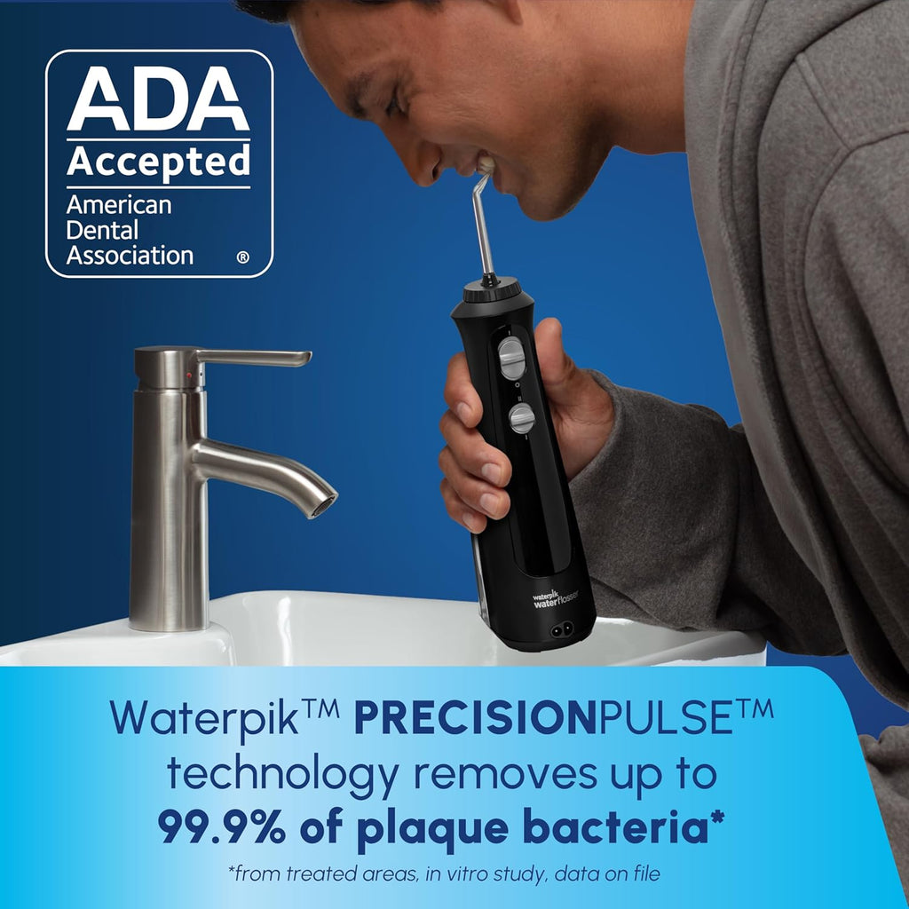 Waterpik Cordless Pearl Rechargeable Portable Water Flosser for Teeth, Gums, Braces Care and Travel with 4 Flossing Tips - ADA Accepted, WF-13 Black, Packaging May Vary