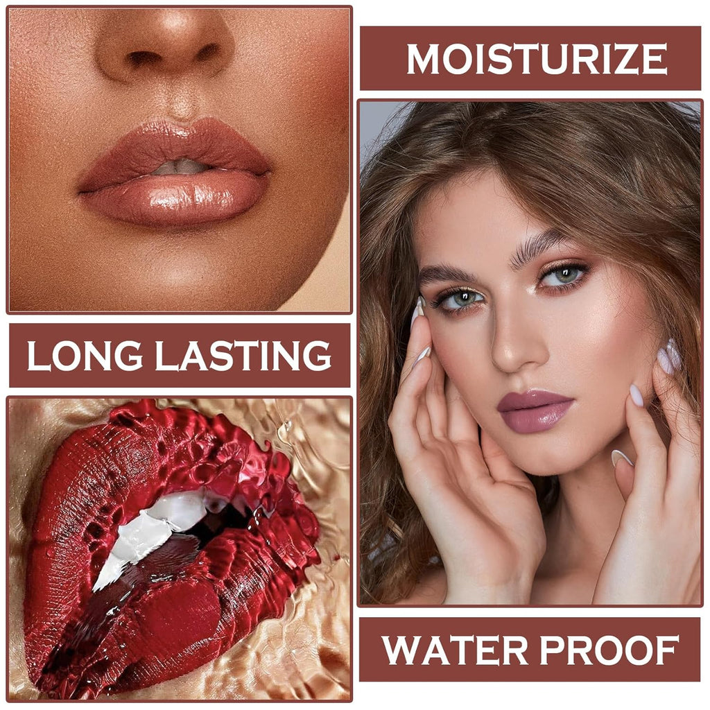 3 in 1 Brown Lip Gloss and Lip Liner Lipstick Set Nude Lip Liner Set Long-lasting Nonstick Cup Lip Kit Moisturizing Lip Set for Women (05# Whiskey Honey)