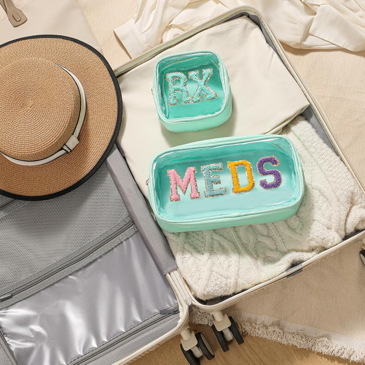 2Pcs Large Chenille Letter Clear Medicine Makeup Bag Set,Nylon PVC Waterproof Rx Meds Pouch with Metal Zipper, Cute Drug First Aid Travel Organizer for Women Girls(2pcs Mint)