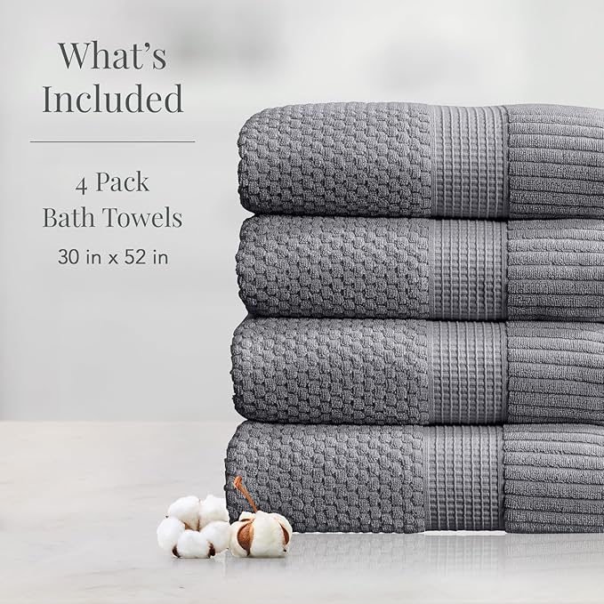 NY Loft 100% Cotton Bath Towel Set of 4 | Grey Towels | Oeko-TEX® Standard 100 | Soft & Absorbent, Quick-Dry Bath Towels | 30" x 52" | | Trinity Collection - Charcoal